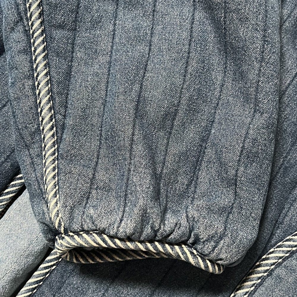 THE GREAT. Quilted Denim Blue Coat with Cream Sherpa Collar - Picture 7 of 9